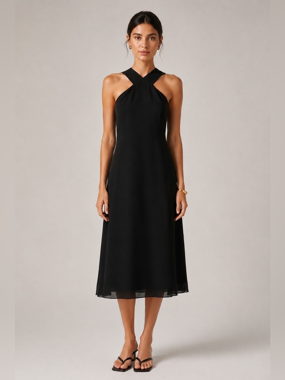 Wilfred Aubrey Halter Midi Dress Black Chiffon Open Back Minimalist 00